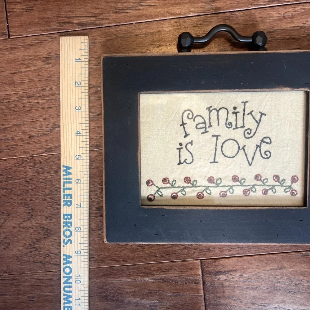 Primitive Family Stitched Wood Framed Wall Hanging Tan/Black 9.5